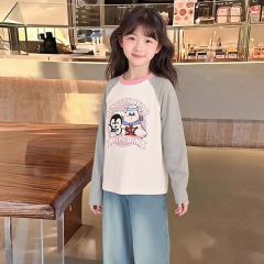 100%纯棉童装长袖女童春秋季韩系可爱印花T恤中大童百搭拼接上衣