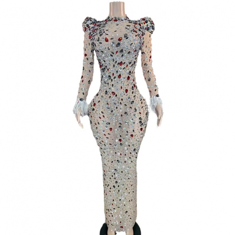 GC Diamond Long Dress Elastic Mesh Slim Shiny Diamond Elegant Feather Pregnancy Gown for Pregnant Women Photography