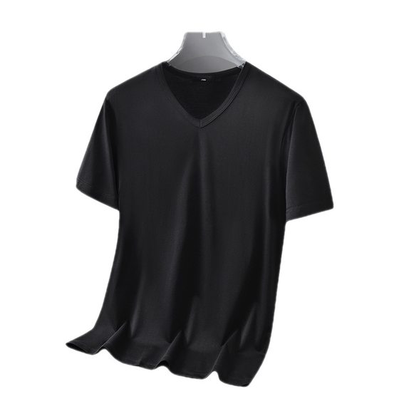 Modal Ice Silk Short-sleeved T-shirt Men's Summer Thin V-neck Pure Black Solid Color New Quick-drying Half-sleeved T-shirt
