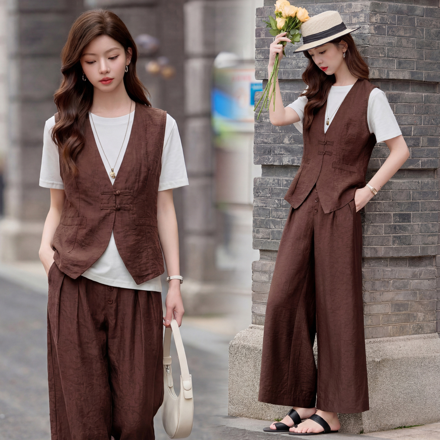 Bộ quần áo nữ hai mảnh gồm áo vest cổ V và quần ống rộng phối đồng bộ — Đỏ nâu, Xanh lông mòng đen