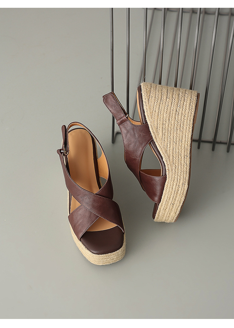 Sandal cao gót nữ hở mũi phong cách Pháp quai chéo da bò, đế xuồng cao gót 9 cm, đế platform 3 cm — màu nâu, màu đen, màu trắng ngà chi tiết 13