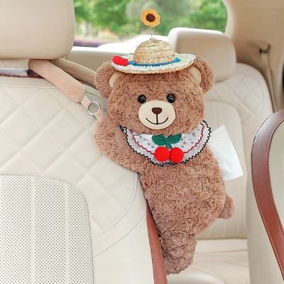 hanging high-end decoration, car | Car tissue box/set - princess-bowtie-straw-hat-brown-bearspace-upgradesmooth-paper-extraction