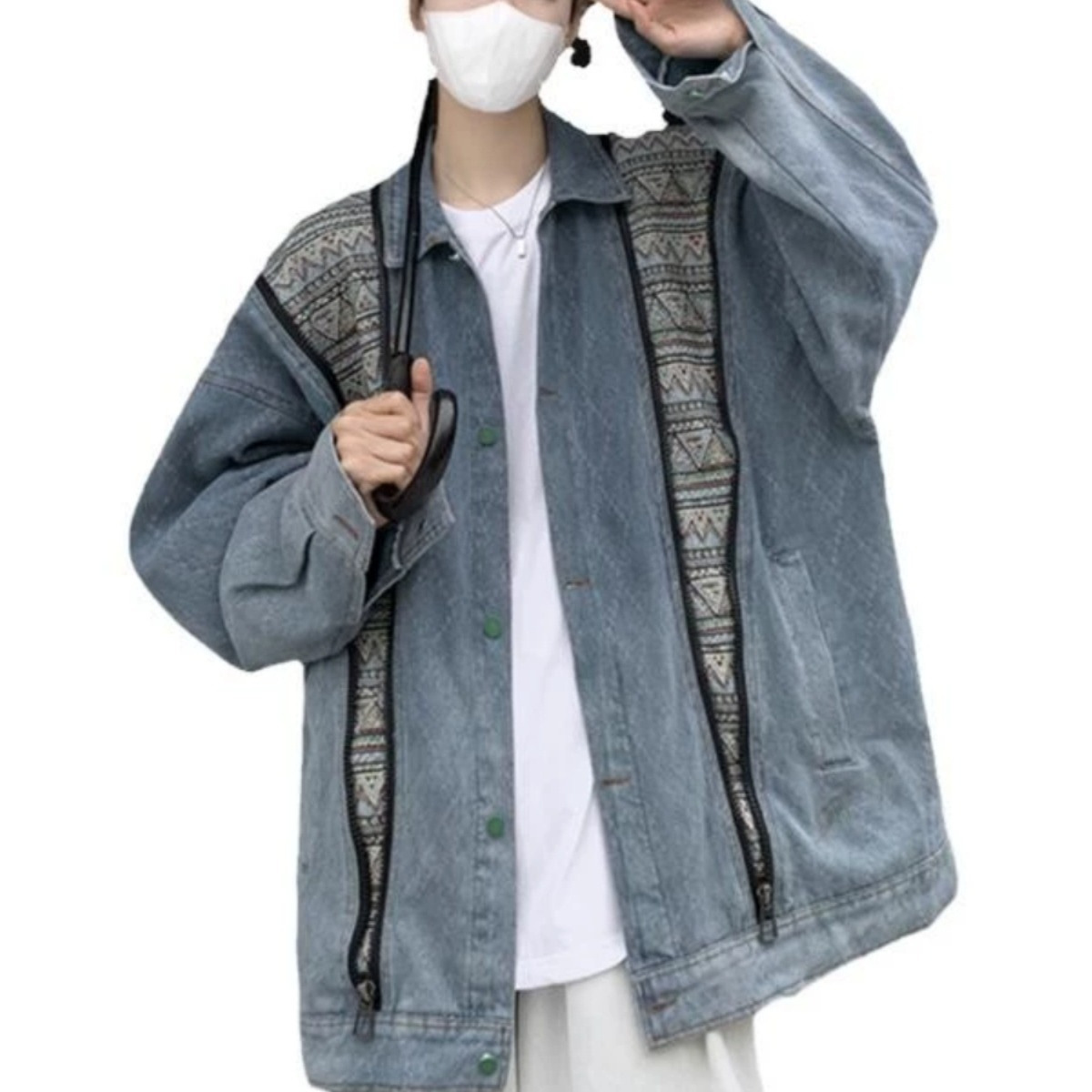 바느질 데님 자켓 대비 색상 남성과 여성의 봄과 가을 민족 요소 느슨한 트렌디 인 복고풍 개인화 된 국경 간 툴링 외관