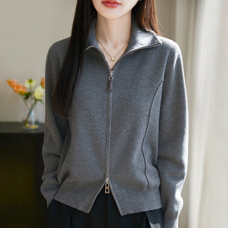 Autumn New Fine Wool Cardigan for Women with Double Zipper, Fashionable Casual Stand Collar, Versatile Simple Jacket Top