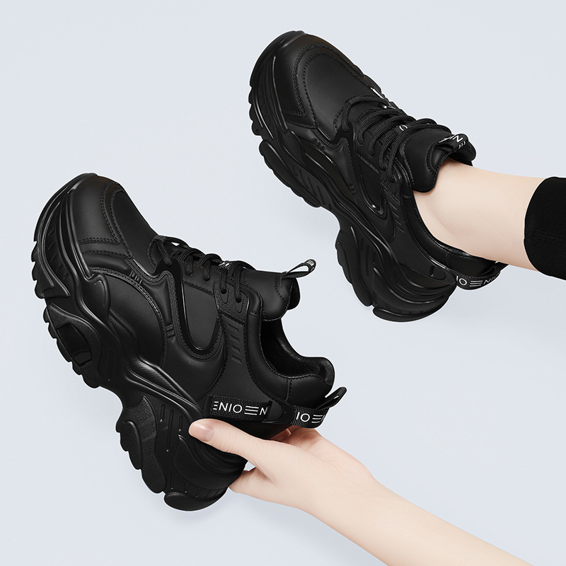 (No Restock) Women's Thick-Soled Black Dad Sneakers, 2024 Spring/Summer New Style, Height-Increasing, Versatile