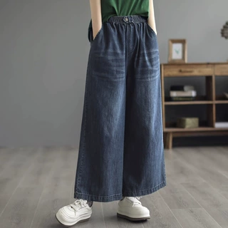 西蒙莱纳阔腿牛仔裤松紧腰新款秋季文艺水洗牛仔裤女宽松高腰直筒