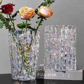 轻奢加厚ins冰川电镀锤纹花瓶创意北欧简约透明桌面干花花瓶摆件
