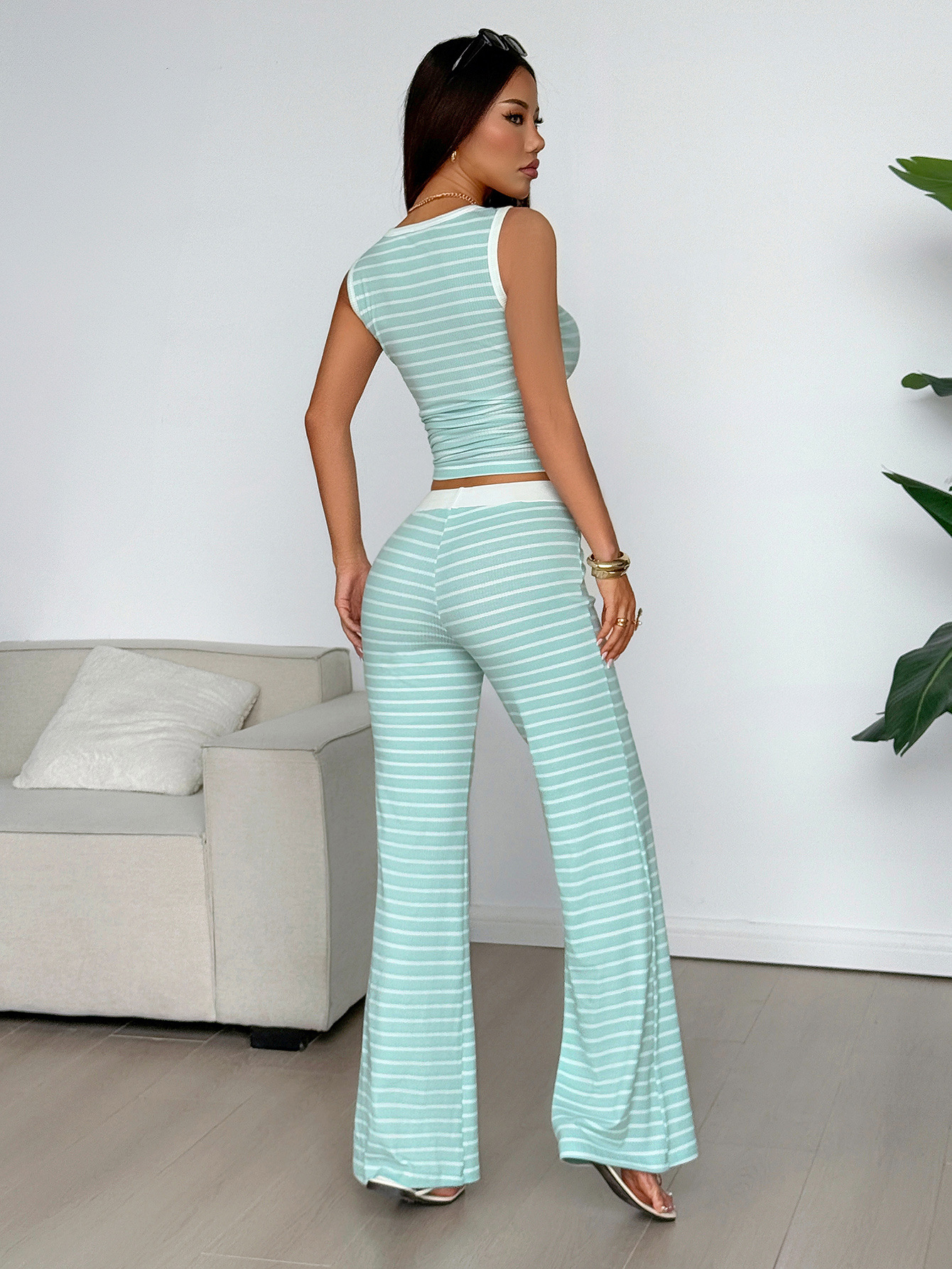 Cross-border European American Y2K Sports Striped Tank Top And Belted Pants Set For Women, 2026 Spring/Summer_ecoleips.com