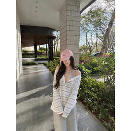 慵懒风薄款条纹防晒长袖T恤女2026夏季新款复古宽松松弛感上衣女