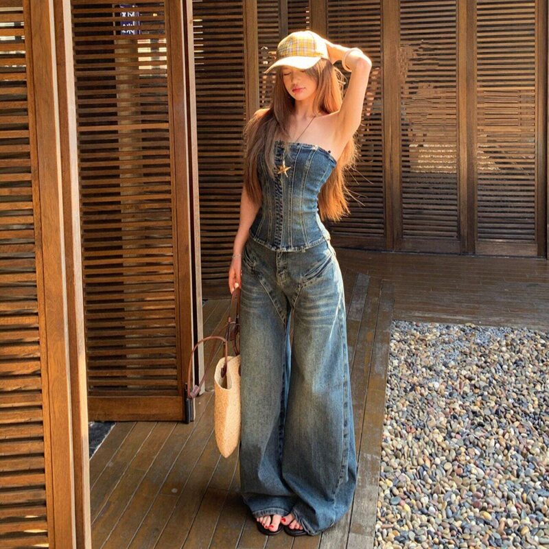 2026 Summer Top Slim Fit Short Loose Low Waist Wide Leg Long Pants Jeans Fashion Set 2026 Summer Top Slim Fit Short Loose Low Waist Wide Leg Long Pants Jeans Fashion Set
