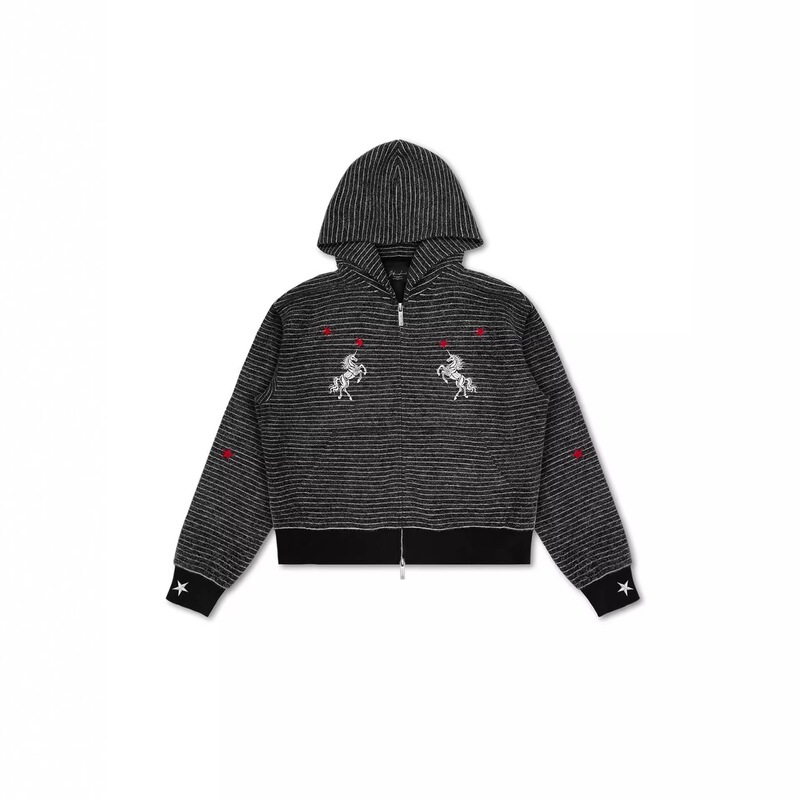 American High Street Style Red Star Unicorn Embroidered Zip-Up Hoodie for Women, Early Spring Retro Striped Casual Versatile Jacket American High Street Style Red Star Unicorn Embroidered Zip-Up Hoodie for Women, Early Spring Retro Striped Casual Versatile Jacket