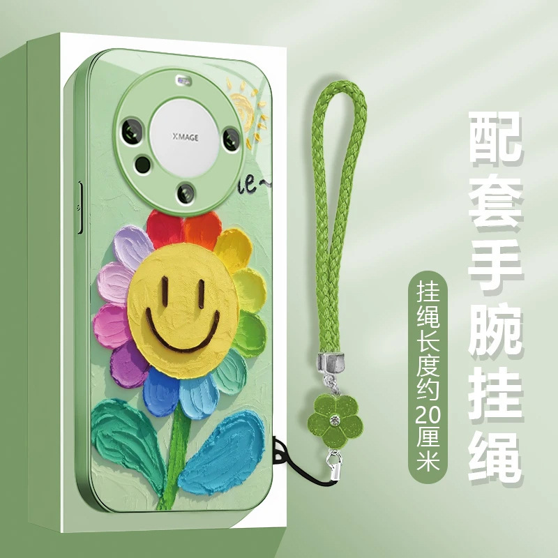 ひまわりグリーン Apple 16/15 Huawei P70/vivo/oppo メタリックペイントガラス落下防止携帯電話ケース女性用|undefined