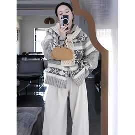 北欧风复古费尔岛翻领毛衣外套女秋冬重工双拉链针织开衫上衣