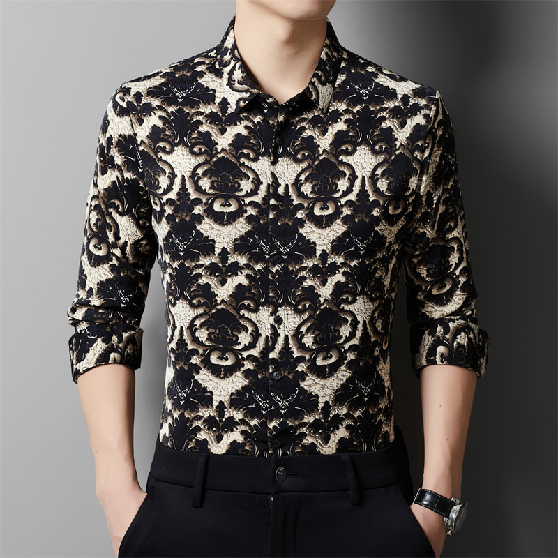 Camisas jóvenes de mediana edad de alta gama para hombres primavera y otoño tendencia floral coreana camisa de algodón nueva camisa floral de manga larga