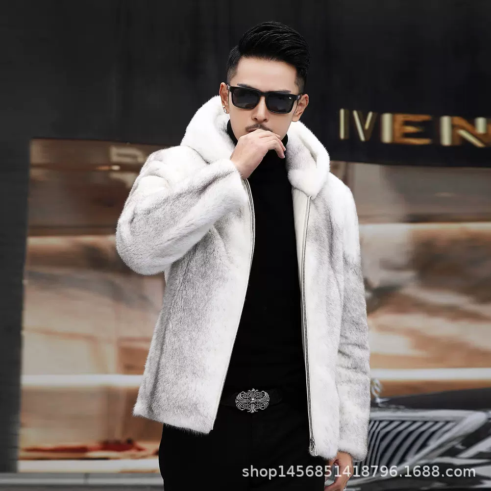 新款时尚整貂仿皮草貂皮大衣短款外套加厚男大衣白色百搭简约潮款