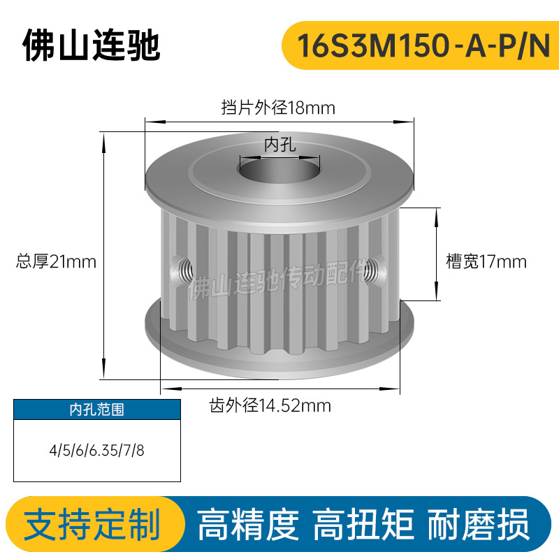 S3M16齿 两面平同步轮 槽宽17 AF型 同步皮带轮齿轮铝16S3M150-A