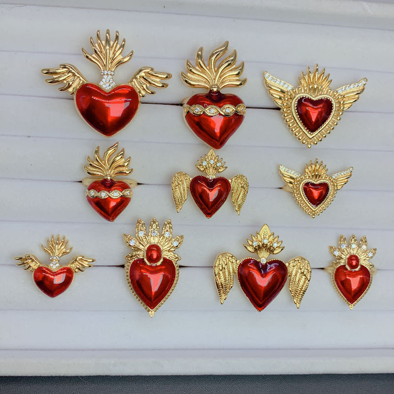 Wholesale Jewelry Vintage Style Heart Shape Copper Zircon Enamel Open Rings display picture 1