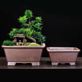 柴烧宜兴紫砂花盆古典陶瓷盆景专用室内桌面四方马槽老桩榕树批发