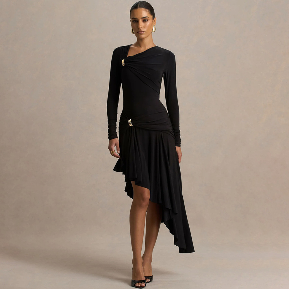Slim Fit Ruched Irregular Bodycon Dress for Women European American Style Fashionable Elegant Sexy Autumn New 2025_ecoleips.com