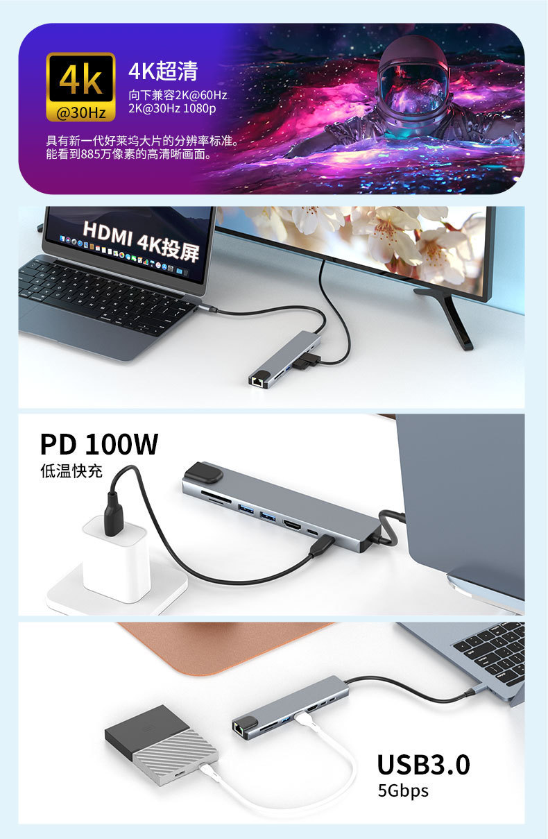 TypeC 8 in 1 Docking Station USB3.0 Hub HDMI Mirror RJ45 Gigabit Network Card TF/SD Card Reader