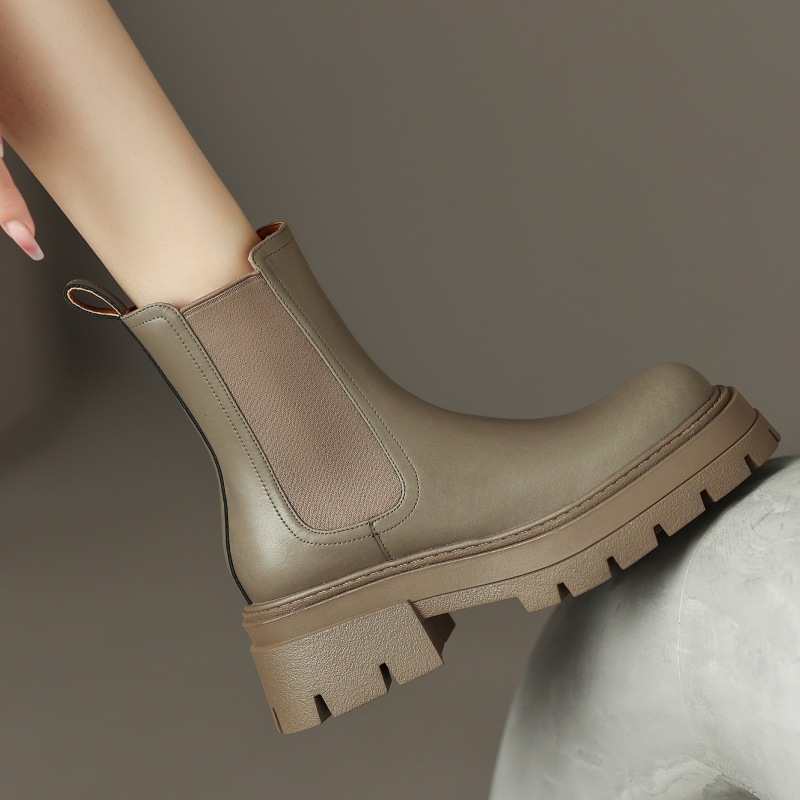 2022 Autumn and Winter Cowhide Thick-soled Martin Boots Retro Mid-heel Comfortable Single Boots Waterproof Platform Fleece-lined Boots for Women Size 40