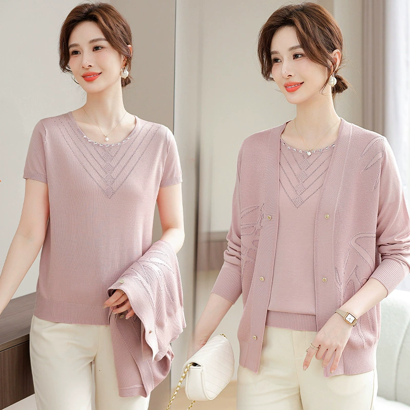 Мама весенний трикотаж из двух частей чужой куртки 2025 новый средний и пожилой женский летний топ кардиган тонкий