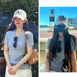长期现货2025夏赵露思同款春季复古浅蓝色短袖针织衫圆领上衣T恤