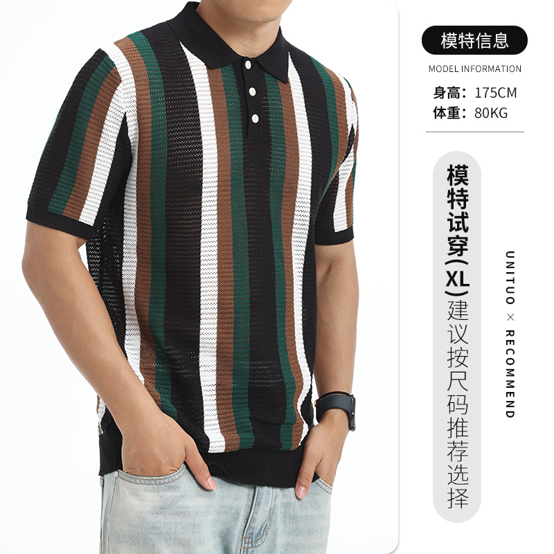 Verano para hombres barra vertical hueco de hielo de punto polo botón de solapa ligero de negocios camiseta casual camiseta superior