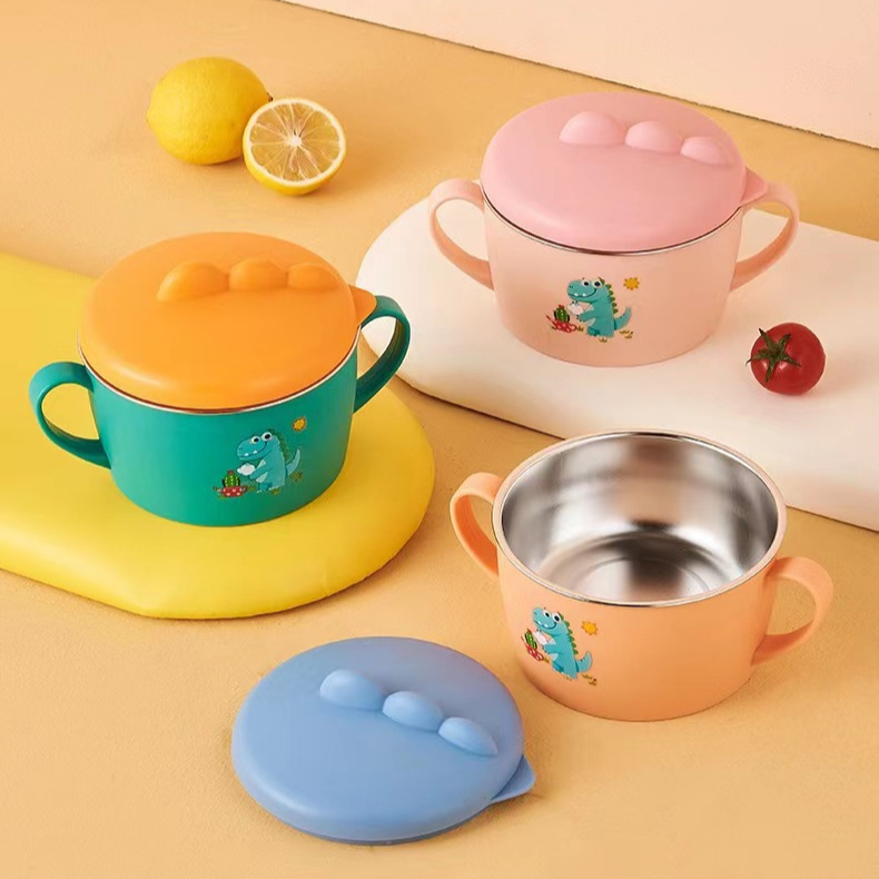 Supplementary Food Bowl Baby Binaural Anti-scalding Anti-drop Baby 316 Stainless Steel Removable Children's Bowl Dinosaur Printing