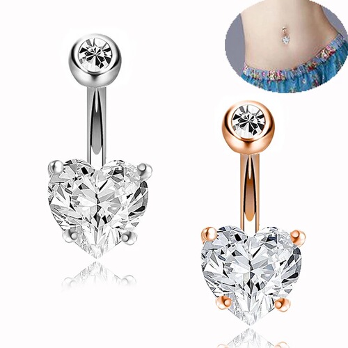 Hot selling rose gold belly button ring heart shaped zircon round inverted navel ring piercing punk navel ring navel button body jewelry