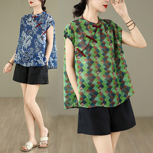 Real Shot of 2025 Summer Retro Large Size Flesh-Covering Sleeveless Printed Cotton and Linen Tops for Women Classy Cotton and Linen Shorts Suits