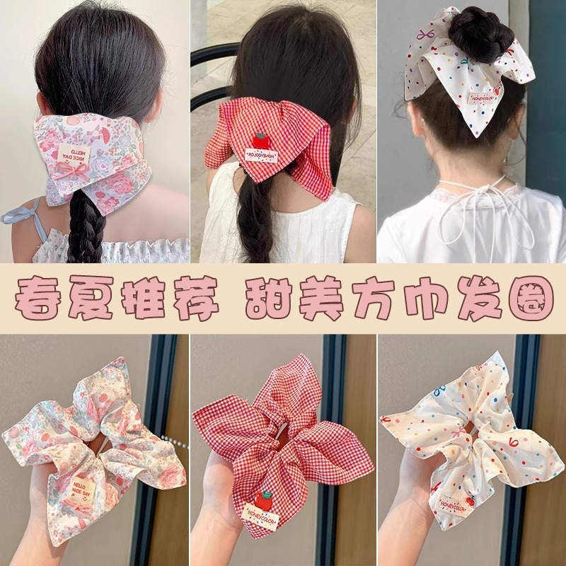 2025 新かわいい弓ヘッドバンドスクエアスカーフヘアバンド子供の大型ポニーテールヘッド花少女帽子|undefined