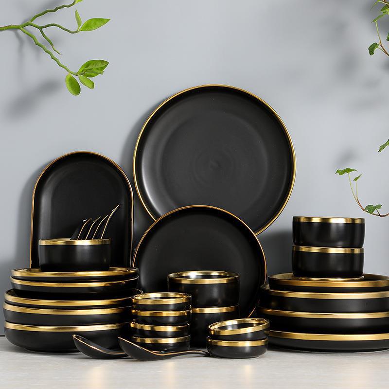 Scandinavian Ceramic Tableware Set Black Gold-Rimmed Dish and Plate Combination Salad Bowl Creative Hotel Home Tableware Set
