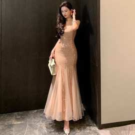 拼接网纱亮片露背吊带辣妹包臀连衣裙生日礼服长裙海边度假鱼尾裙