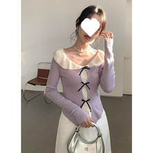 设计感假开衫娃娃领蝴蝶结针织衫女短款温柔修身气质气质甜美