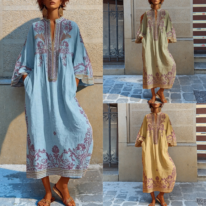 2026 European and American Cross-Border Casual Fashion Printed Short-Sleeve V-Neck Bohemian Style Printed Four-Way Stretch Long Dress