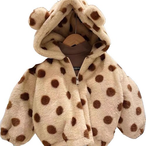 Baby Girl Wool Sweater 2025 Winter New Cap Hooded Polka Dot faux Fur Plush Warm Insulated Children's Jacket