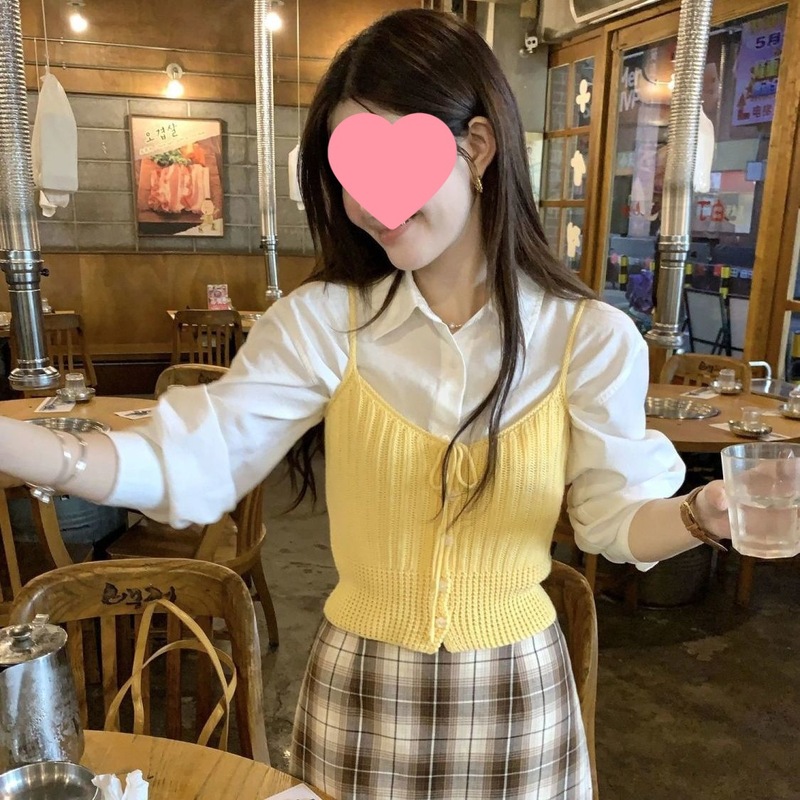 小众短款针织吊带马甲背心叠穿长袖衬衫春秋女装上衣两件套学院风|undefined