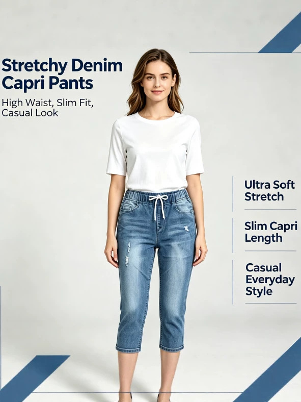 Jeans Capri Rotos para Mujer de Mezclilla, Alta Elasticidad y Cintura Elástica image 4