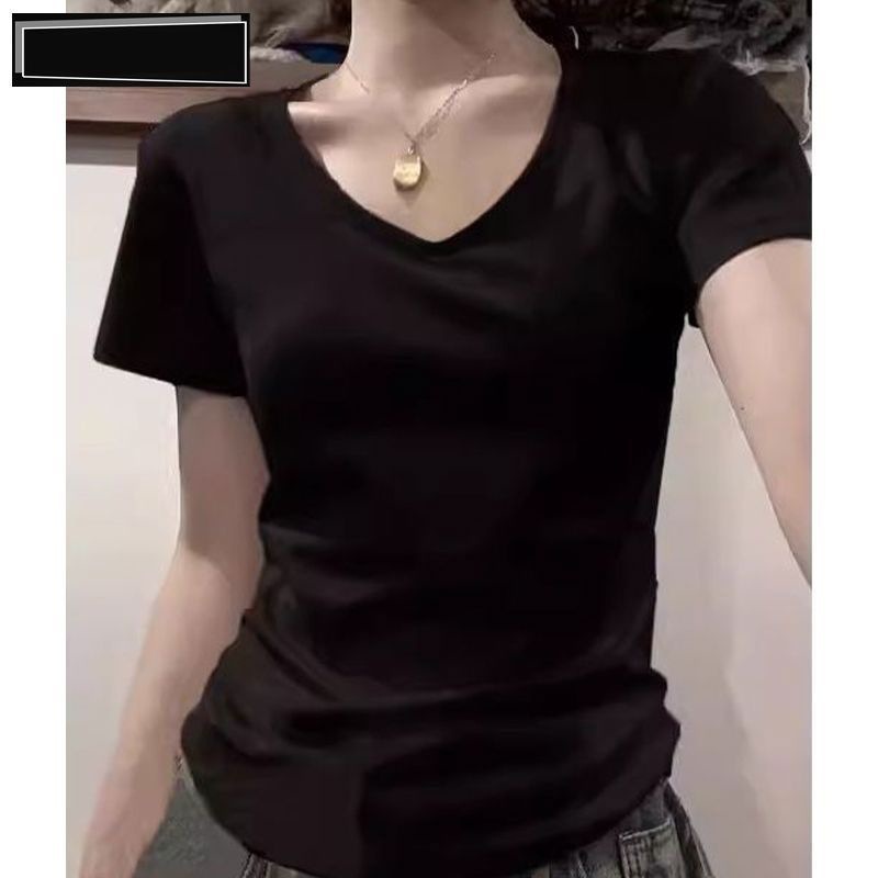 春夏の女性向けの新しい純綿右肩Vネック半袖Tシャツ、スリムで万能なアメリカンスリムトップ、インナーレイヤリングシャツ|undefined