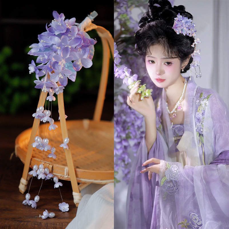 Ancient Style Hanfu Palace Tang-Style Fairy-Like Long Tassel Wisteria Flower Hairpin Versatile Sweet Forest-Style Flower Hairpin