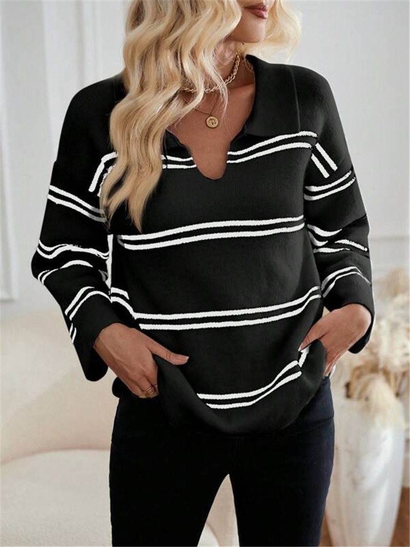 Women's Striped Polo Sweater – V-Neck, Contrast Trim, Long Sleeve (White/Black/Apricot/Red, S-L)_ecoleips.com
