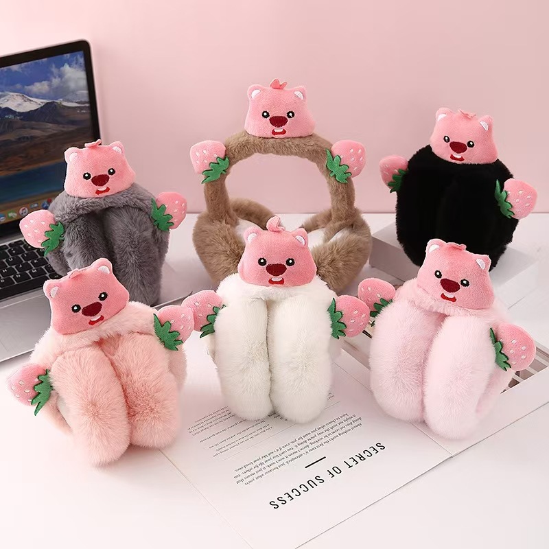 Strawberry Bear Cartoon Winter Warmth Ear Muffs for Children, Thickened and Fleece-Lined, Protective Ear Covers for Girls, Anti-Cold
