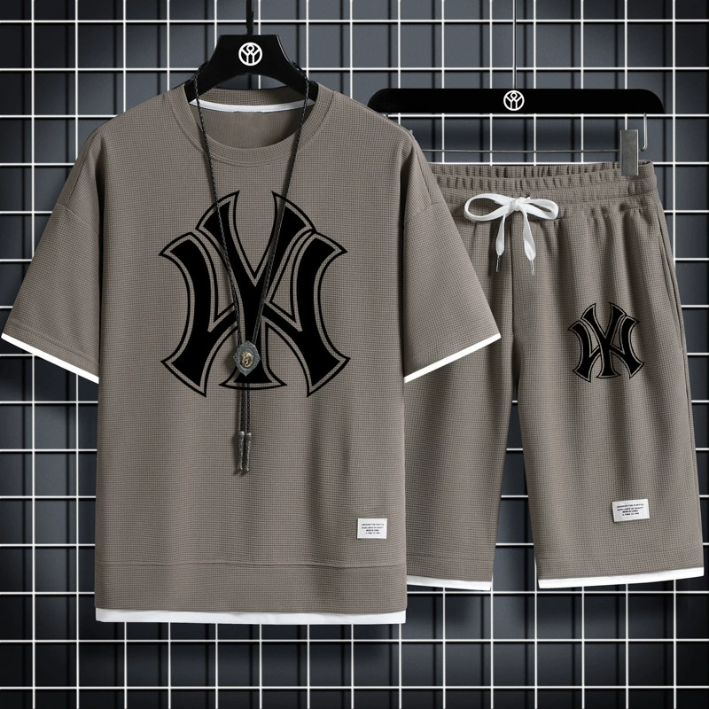 2025 Горячая продажа вафли с короткими рукавами футболка для мужчин повседневный спортивный набор оптовая продажа летняя футболка с половинным рукавом набор из двух частей