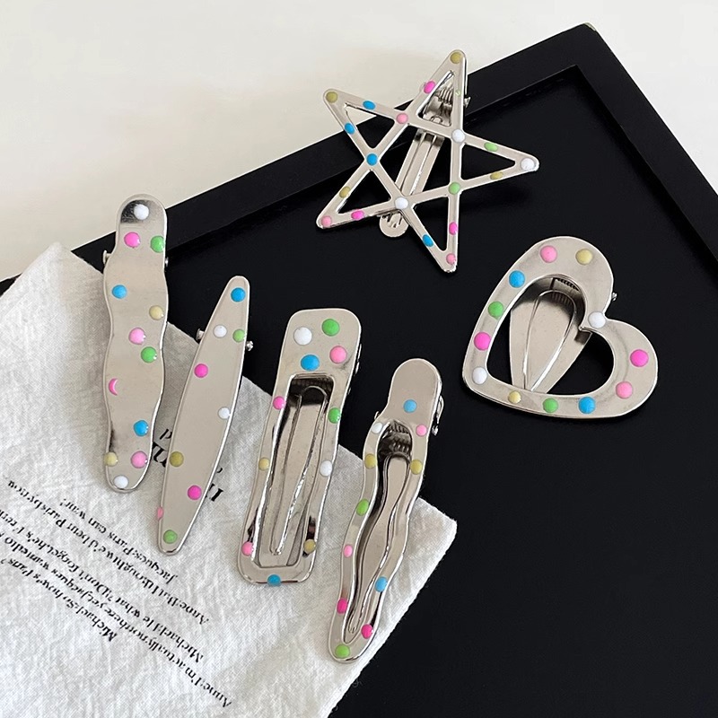 Peñón colorido goteo de aceite de plata punto de onda de metal pentaco pinzas de cabello frisa lateral pinzas de cabello pinzas de boca de pato nuevo estilo