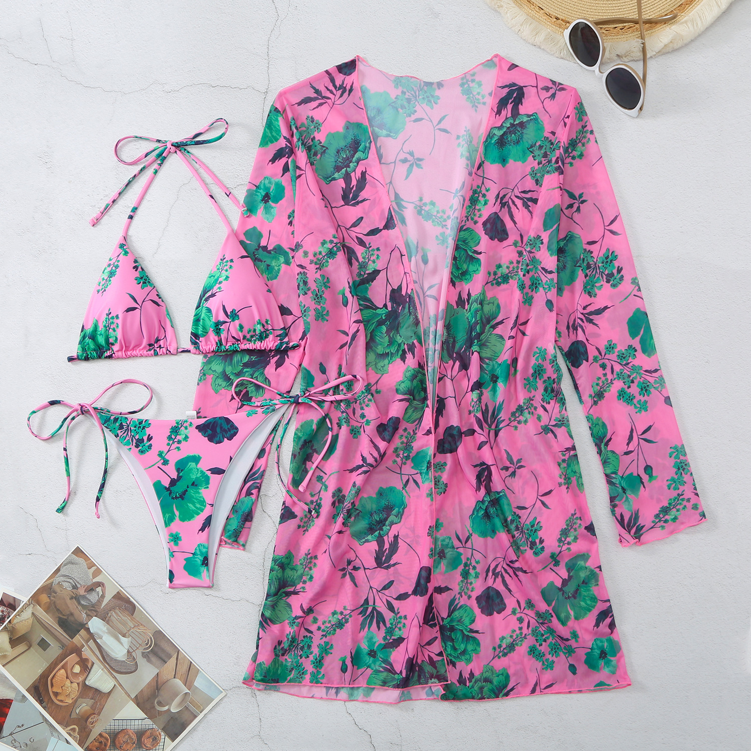245g Weight Sexy Feel Of Sensation Low Waist Panties Waist Bikini Panties Style Bra&Panty Set Bra Category Polyester Fabric Type 3 Pieces Set Quantity Swimming Pool, Beach Occasion Tropical Pattern Triangle Cup Bra Cup Women's Gender Women's Tropical 3 Pieces Set Bikinis Swimwear 17