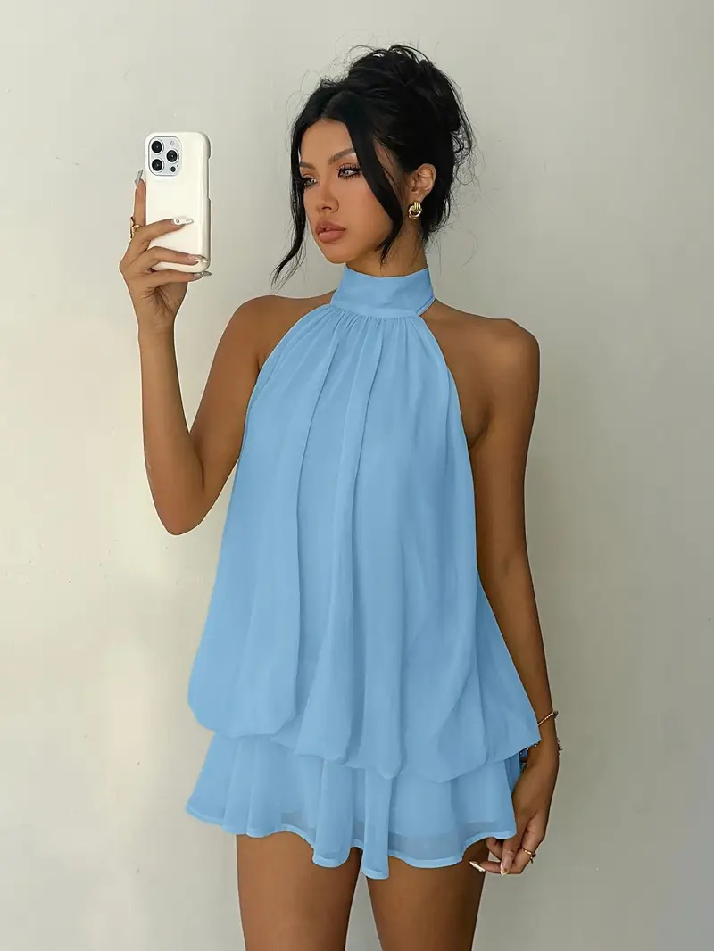 Sexy Mesh Halter Neck Tea Break Dress For Women Summer Beach Vacation Stylish Hot Girl Party Dress_ecoleips.com