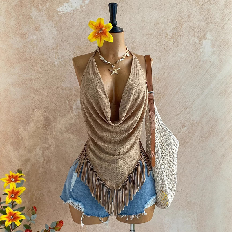 Sexy Vacation-Style Design, Halter Neck Top, Sleeveless, Deep Backless, Tie-Up, Slim Fit Women's Tank Top, Casual