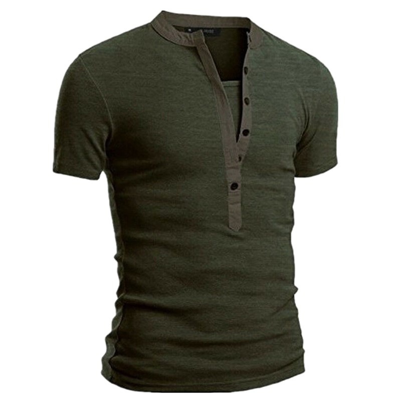 T-shirt d'été à manches courtes et col montant pour homme, couleur unie, coupe slim, boutonné, en forme de V_voghion.com