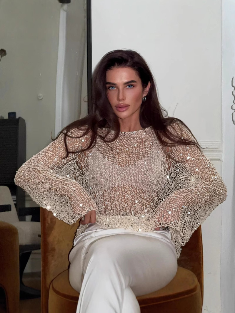European and American Stylish Sexy Lady Style Sequin Decorated Knitwear Slim Long-Sleeved Top Women's Winter Style High-End